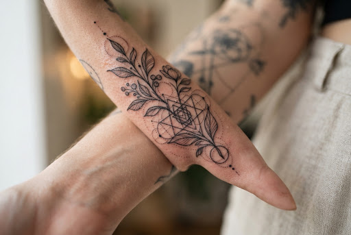 Tatuaje Fine Line Botánico y Geometría Sagrada en Istari
